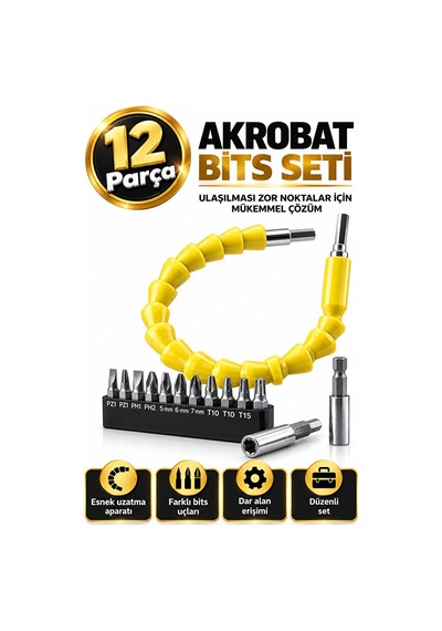 12 Parça Akrobat Bits Seti Esnek Uzatma Aparatı Tornavida Uç Seti