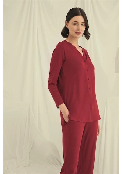 Will Like Uzun Kollu Boydan Düğmeli V Yaka Pijama Takımı Kırmızı