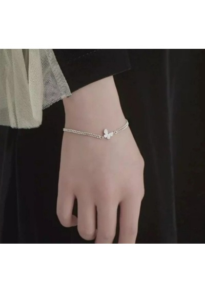 925 Ayar Gümüş Kristal Tasli Çift Sıra Zincirli Kelebek Bileklik
