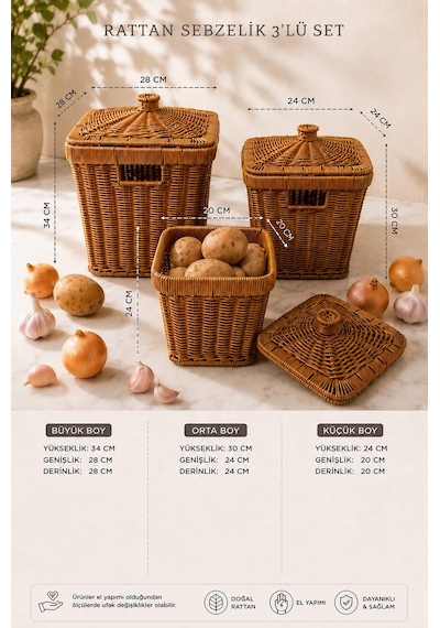 3'lü Kare Patates Soğan Sarımsak Sepeti Seti - Rattan Düzenleyici Kapaklı Sebzelik Soğanlık Hasır