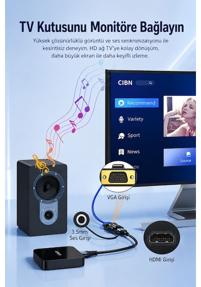 Hdmı - Vga Dönüştürücü Adaptör Kablo, 1080p Full Hd Görüntü Ve 3.5mm Ses Destekli Çevirici, Laptop Pc Oyun Konsolu Monitör Tv Projektör Uyumlu, Tak Çalıştır Z125