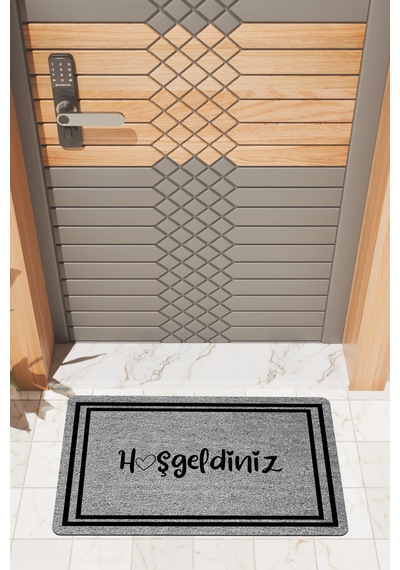 Rugmood Modern Dijtal Baskı Gri Çift Çerçeveli Hoşgeldiniz Kapı Önü Paspası