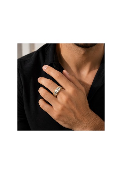 Çelik Çift Renkli Şerit Detaylı Alyans Yüzük Altın - 917844437 Altın