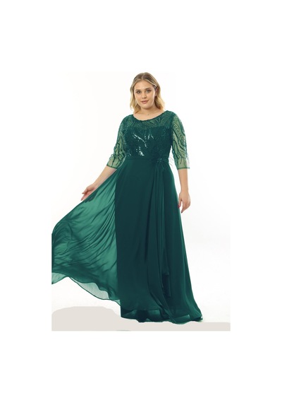 Ladies First Büyük Beden 3855 Zümrüt Uzun Abiye Elbise 001