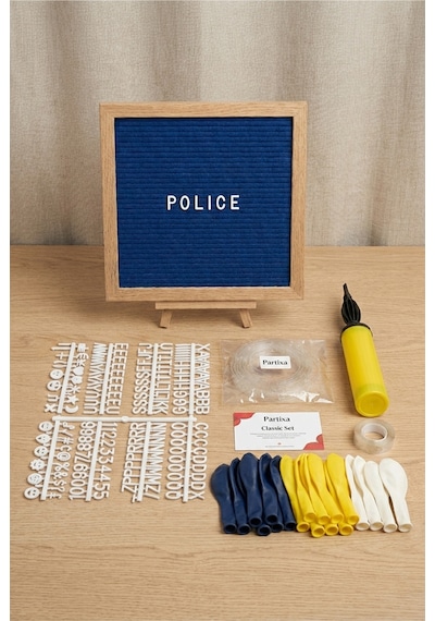Polis Temalı Doğum Günü Süsleme Classic Set Koyu Mavi Keçe Yazı Panosu Standlı Balon Zincirli El Pompası Polis Seti Çocuk