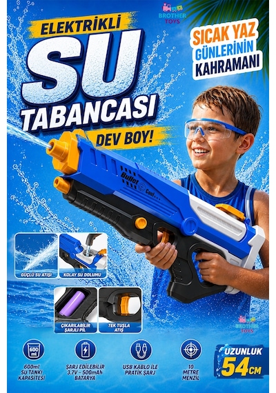 Büyük Boy Otomatik Atış Yapan Işıklı Elektrikli 10 Metre Menzil Su Tabancası 54 Cm.