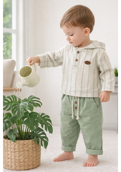 Babyhola Erkek Bebek Bayramlık Takım Müslin Kumaş Kapüşonlu Üst Ve Pantolon Set 2219 Yeşil