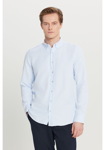Altınyıldız Classıcs Erkek Acık Mavı Pamuklu Tailored Slim Fit Dar Kesim Düğmeli Yaka Armürlü Gömlek