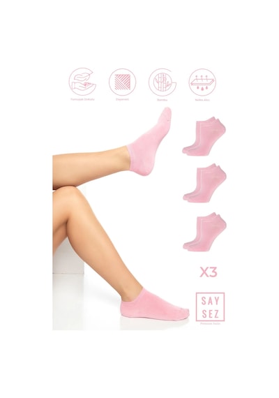 Saysez Bambu Kadın Patik Düz Pembe Çorap Dikişsiz Premium 3'lü Paket Renkli