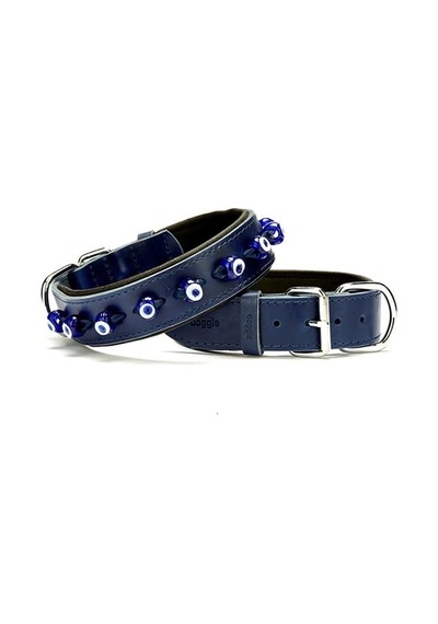Doggie Comfort Deri Nazar Boncuklu Köpek Boyun Tasması Medium Mav