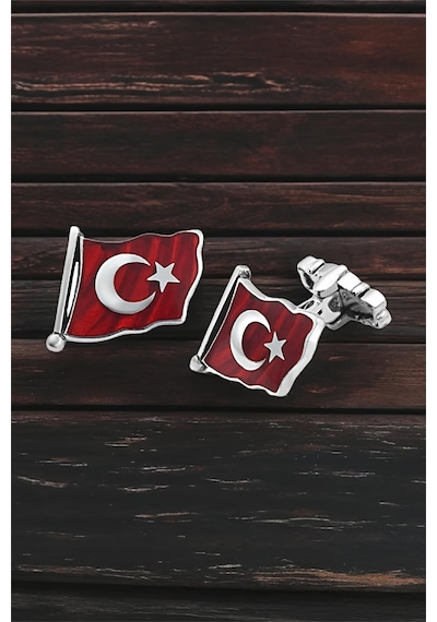 Gümüş Türk Bayraklı Mineli Kol Düğmesi -5708 Gümüş