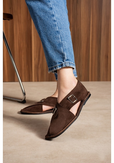 Duxal Shoes Cooper İçi Hakiki Deri Süet Kadın Sandalet Tokalı Günlük Rahat Ayakkabı - Babet Acıkahve