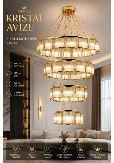 Modern Premium Lüks Gold 4 Katlı Salon Avizesi Büyük Boy Sarkıt Aydınlatma 41xe14