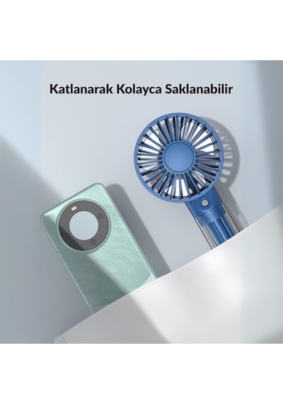 Warmco K31 Su Püskürtmeli Şarjlı El Vantilatörü Taşınabilir Masaüstü Standlı 3 Kademeli Serinletici Mini Soğutucu Fan Lacivert