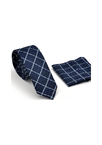 Gaffy Mavi Kare ve Kırcıllı Desenli Lacivert Dokuma Kumaş Mendilli Slim Fit Kravat // Sdk230912 Lacivert - Mavi