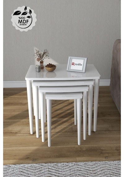 Renlife 4 Lü Ahşap Zigon Sehpa Takımı Beyaz Lake Boyalı Beyaz Beyaz Ayaklı Boyalı