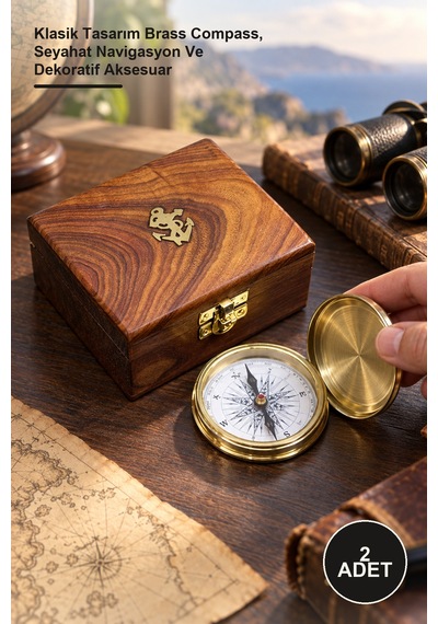 2 Adet Ahşap Kutulu Pirinç Pusula Klasik Tasarım Brass Compass, Seyahat Navigasyon Ve Dekoratif Aksesuar
