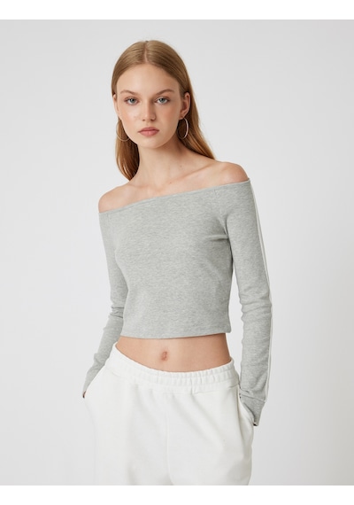 Koton Madonna Yaka Tişört Crop Uzun Kollu Biyeli Slim Fit Gri Melanj 5wal10232ık Gri Melanj