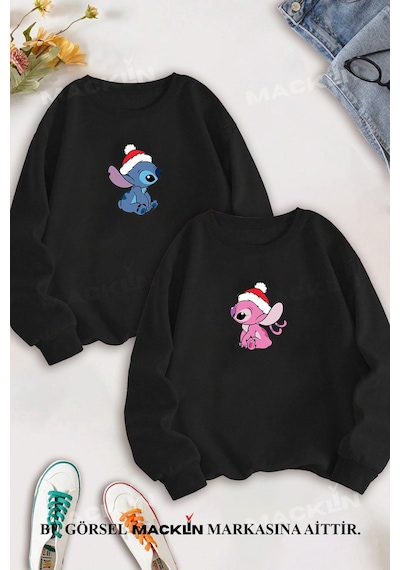 Macklin Sevgili Çift Kombin Lilo Ve Angel Baskılı Yılbaşı Konsept Bisiklet Yaka Sweatshirt 2li Set Takım Siyah Mck1567 Siyah
