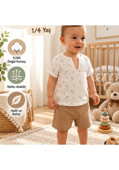 Candar Müslin Kumaş Bebek Takımı 1/4 Yaş Bej