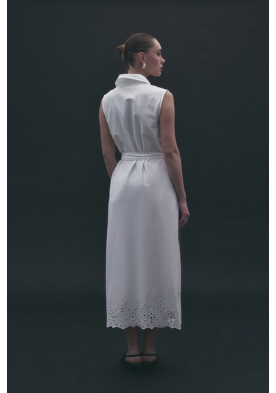 Sateen Nakış Detaylı Uzun Elbise - Ekru-137168 Ekru