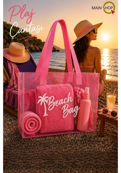 Mainshop Pembe Şeffaf Beach Bag Kadın Plaj Çantası Büyük Hacimli M-plj01