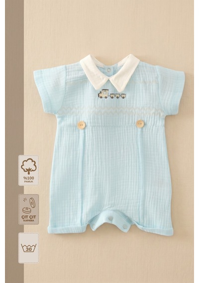 Minory Baby - %100 Pamuk Müslin Bebek Tulum Tren Nakışlı Yakalı Mavi Mavi