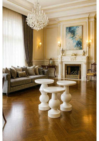 Simillo Wood Wooden Ahşap Beyaz Renk 3 Lü Set Fitilli Mantar Yan Sehpa Modern Fiskos / Zigon Sehpa Beyaz