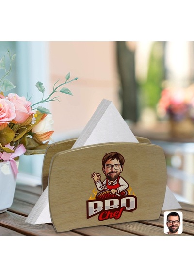 Kişiye Özel Erkek Barbekü Chef Karikatürlü Lüks Ahşap Peçetelik-1 (511119614)