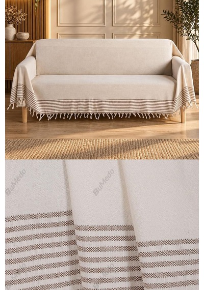 Tr Natural Buldan İşi Kolları Örten Kaymaz Kanepe Çekyat Koltuk Örtüsü 180x300 Cm Pamuk Dokuma Kreme Kahve Diğer