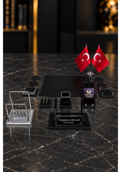 13 Parça Masa İsimlik Seti Kişiye Özel Çift Kalemli Newton Denge Toplu Ofis Sümen Takımı Siyah