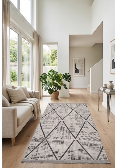 Saten Halı Modern Kaymaz Tabanlı Yıkanabilir Salon Oturma Odası Halısı Mozaik Desen Gri