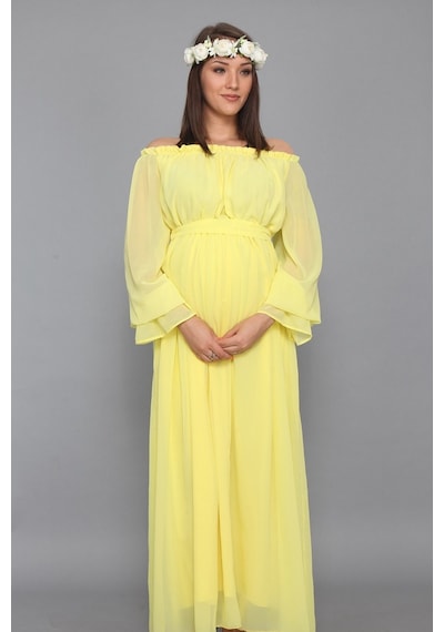 Modalabio Moda Labio - Babyshower Dökümlü Hamile Elbisesi Sarı