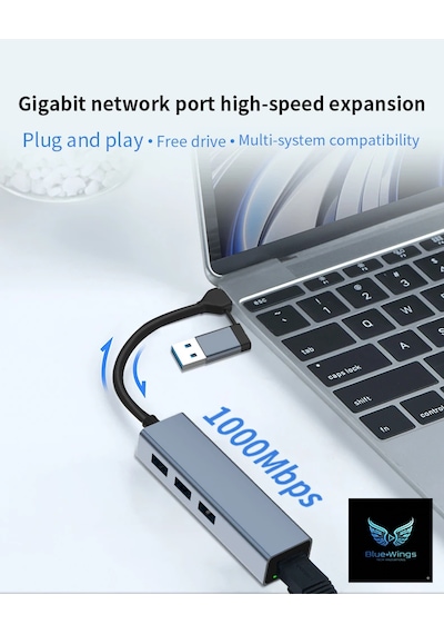 Multi Girişli Usb Type-c Ethernet Adaptör 3 Port Usb 3.0 Hub Rj45 Gigabit 1000 Mbps Lan Dönüştürücü Apple Uyumlu Macbook / Laptop