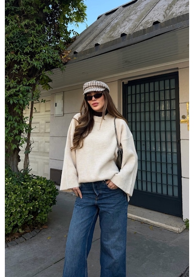 Laluvia Taş Fitilli Oversize Kazak - 26808 Taş