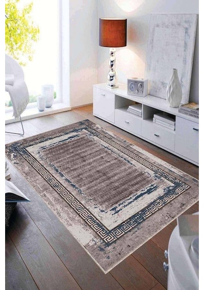Bej Mavi Modern Klasik Kaymaz Tabanlı Dekoratif Halı Ar216n11 Bej - Mavi