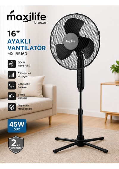 Breeze Mx-bs160 16 İnç Katlanır Ayaklı Vantilatör 45w 3 Kademeli Hız Ayarlı Metal Izgaralı Vantilatör