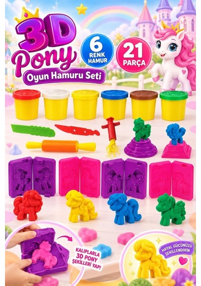 3d Pony Hamur 21 Parça 6 Farklı Renkli Pony Kalıplı Ve Çeşitli Aksesuarlı Oyuncak Oyun Hamuru Seti Çok Renkli