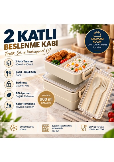 2 Katlı Bölmeli Sefer Tası / Beslenme Kabı 900ml - Kaşık Çatal Setli, Sızdırmaz Ve Bpa İçermez Bej
