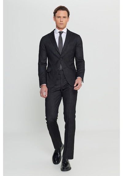 AC&Co / Altınyıldız Classics Erkek Sıyah Slim Fit Dar Kesim Kırlangıç Yaka Desenli Kapak Cepli Takım Elbise Siyah