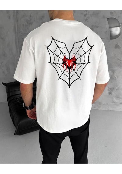 Erkek Kısa Kol Tişört Bisiklet Yaka Örümcek Baskılı Oversize T-shirt - Beyaz