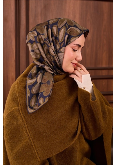 Silk Home Twill İpek Eşarp Lacivert Yeşil Vizon Papatya Desenli Tok Duruşlu 90x90 Çok Renkli