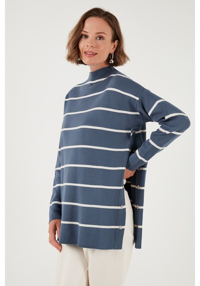 Lela Çizgili Dik Yaka Onesize Triko Bayan Kazak 4615197Y Indigo-Krem