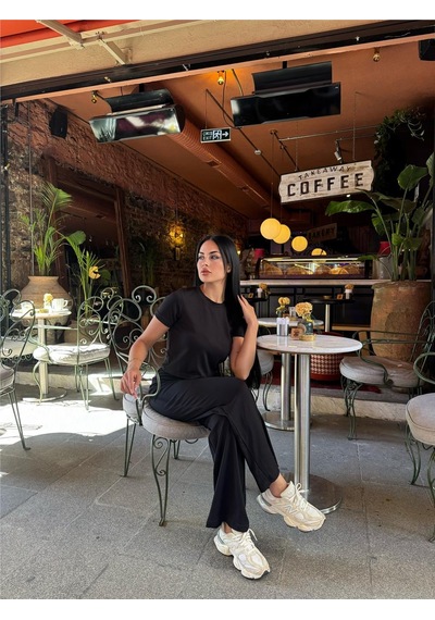 WeShaya Siyah Modal Polyester Palazzo Takım Siyah