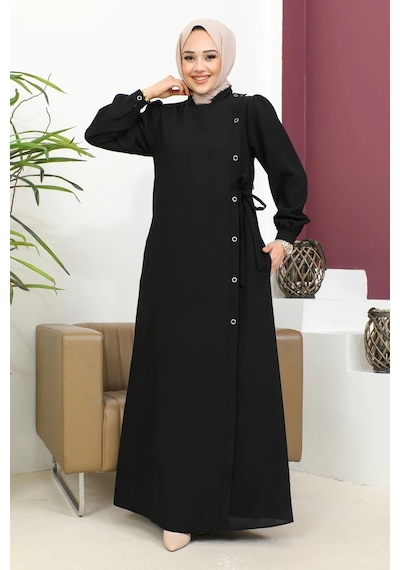 Nevayla Moda Bağlamalı Çıt Çıt Detaylı Ferace - Siyah