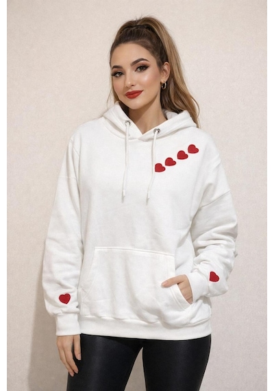 Madame Sare Kalpli Nakışlı Sweatshırt Şardonlu Premium Beyaz