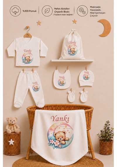 Pia Baby Kız Bebek Hastane Seti 8 Parça %100 Pamuk İsimli Zıbın Battaniye Yastık Kılıfı Ve Kese Seti 1110zybkyx Krem