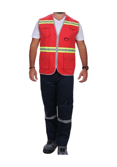 Formteks İşçi Çok Cepli Reflektörlü Alet Yeleği Kırmızı / Yeşil Kırmızı