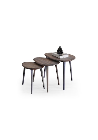 Masif Doğal Ahşap Zigon Sehpa 3'lü Set, Modern Antrasit Yan Sehpa