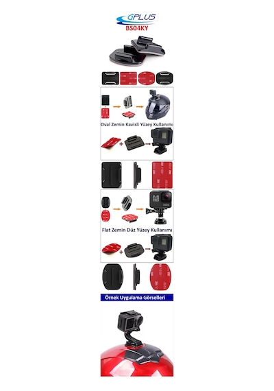 Gplus Bs04ky 4 Parça Oval Eğimli Yüzey Ve Flat Düz Zemin Aksiyon Kamera Uyumlu 3m Yapışkan Motor Kask Bağlantı Seti Siyah